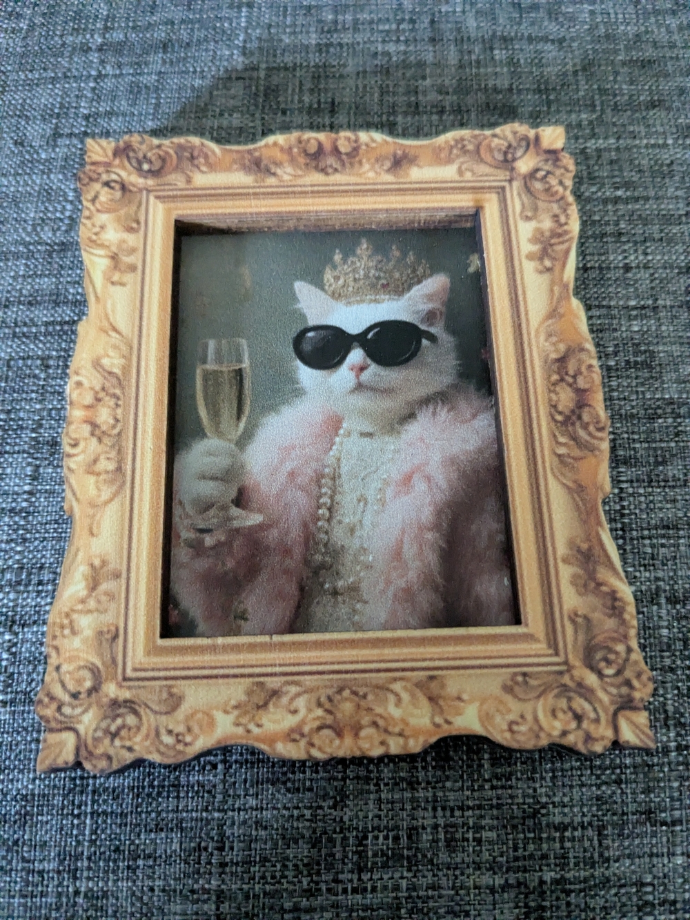 Decorative Royal Cat Portrait Magnet In Pink Fur Coat And Sunglasses.